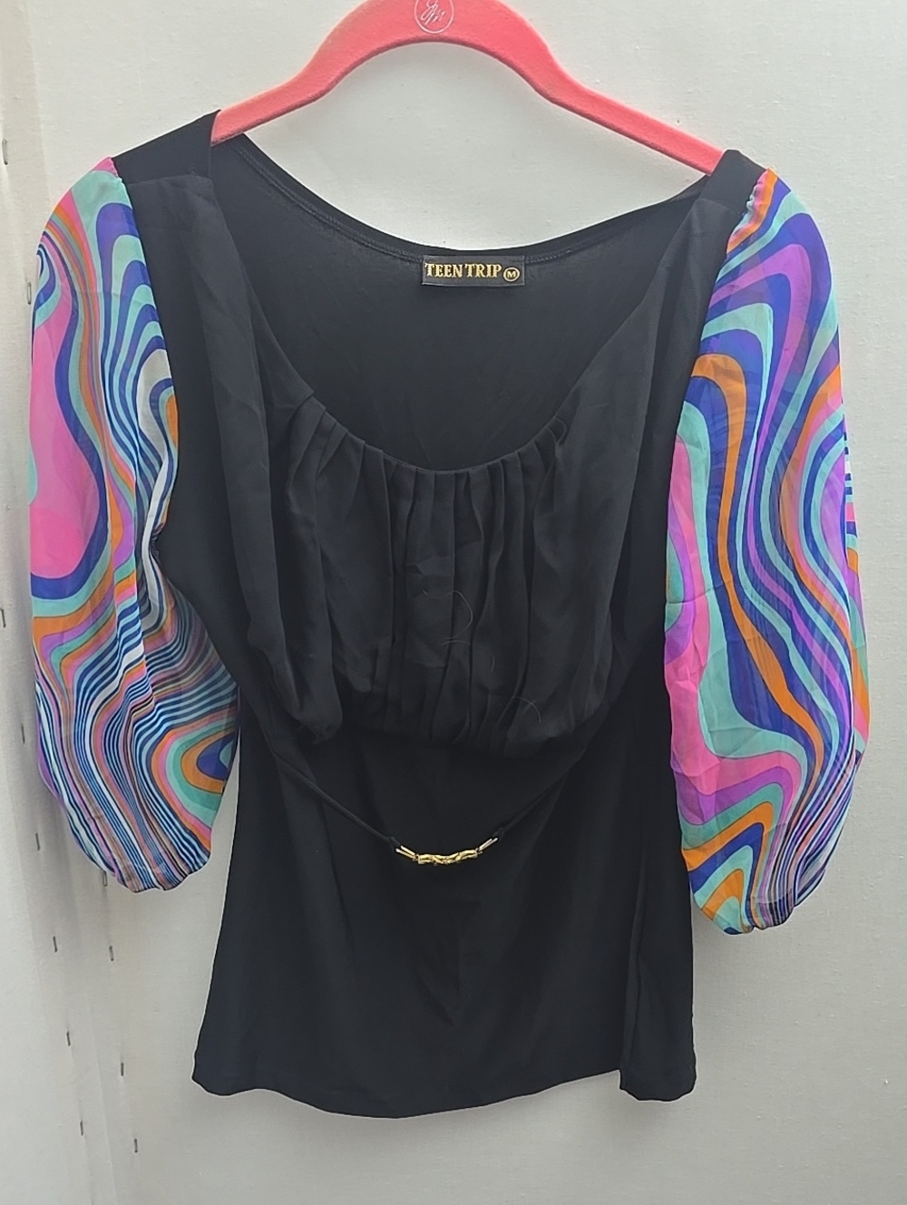 Black Blouse with Multicolor Swirl Puff Sleeves